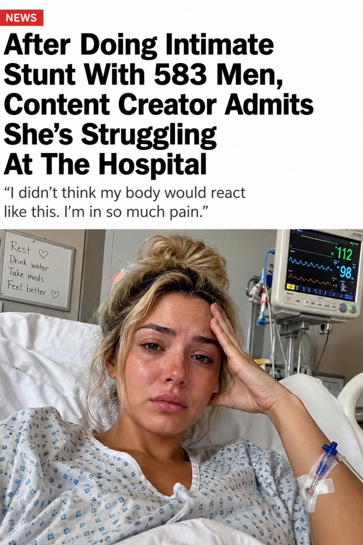Content creator speaking candidly about health struggles while recovering in a hospital bed after a controversial viral challenge, highlighting the physical and emotional impact of internet fame and extreme social media stunts.