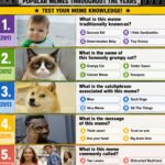 collage of popular internet memes throughout the years featuring classic viral meme formats reaction images online humor social media trends and internet culture history trivia concept
