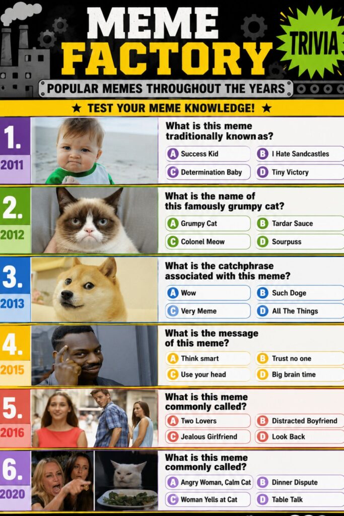 collage of popular internet memes throughout the years featuring classic viral meme formats reaction images online humor social media trends and internet culture history trivia concept