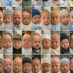 Close-up shot of an expressive newborn baby with dramatic forehead wrinkles and wispy side hair, embodying the viral "old baby" or "Benjamin Button" look.