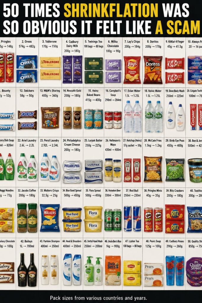 Side-by-side comparison of everyday products showing shrinkflation with smaller package sizes and reduced contents at the same price.