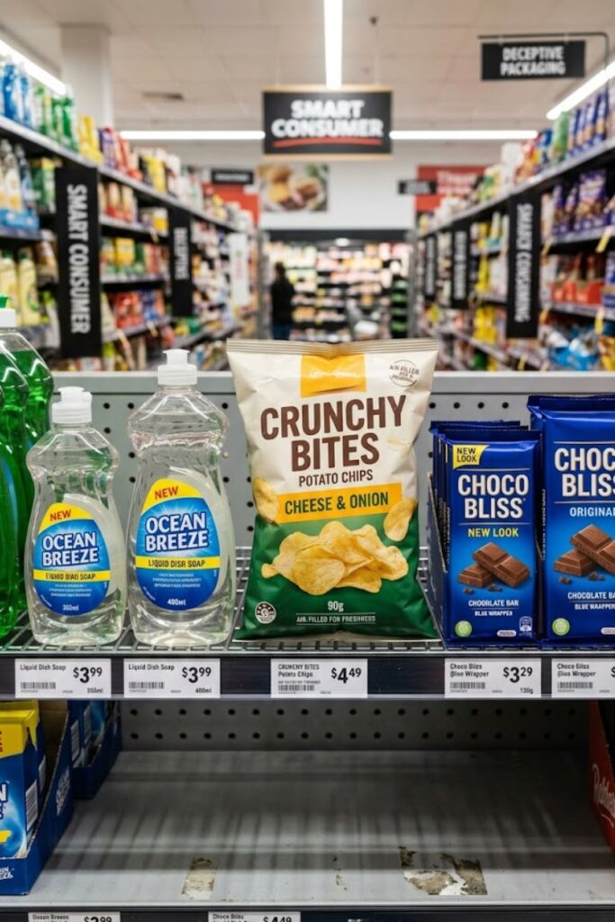 Comparison of shrinkflation packaging showing smaller product sizes hidden by redesigned containers and excess empty space.