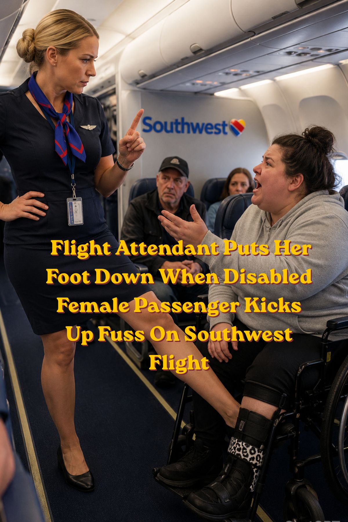 Flight attendant speaking with a frustrated airline passenger during a Southwest flight, illustrating an in-flight customer service dispute.