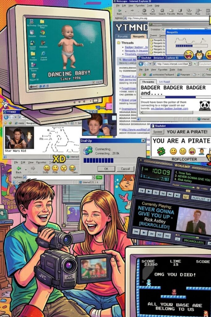 Illustration featuring iconic early internet meme culture, including a dancing baby animation, retro computer screens, Rickroll-inspired music references, and viral video nostalgia from the pre-2010 internet era.
