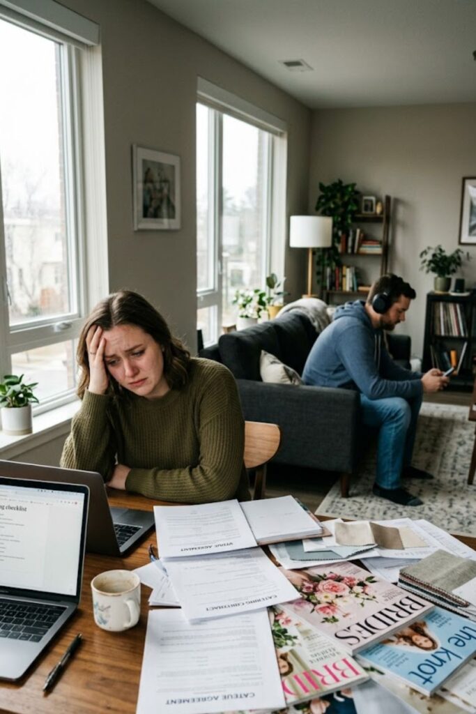 Bride-to-be sitting alone with wedding planning documents while an emotionally distant fiancé ignores her in the background, illustrating relationship conflict, communication problems, and pre-wedding stress.