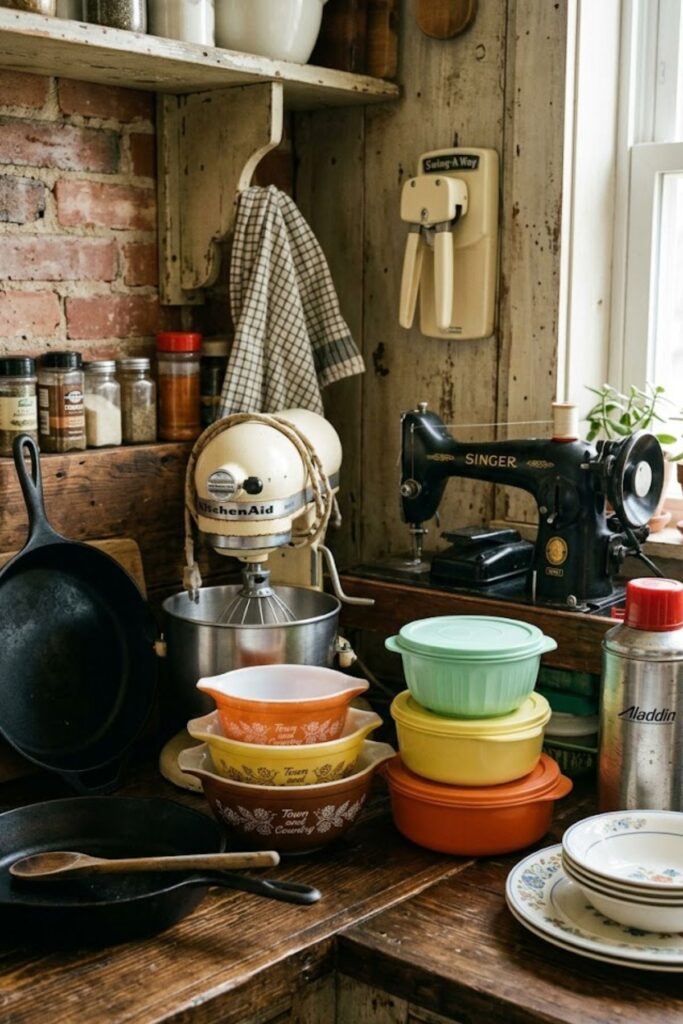 Vintage cast iron cookware, KitchenAid mixer, Pyrex, Tupperware, Singer sewing machine, and other durable household products known for lasting decades.