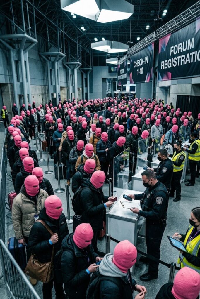 Large-scale event with anonymous participants wearing pink balaclavas, security staff checking IDs, and organizers managing registrations during a controversial viral content creator challenge.