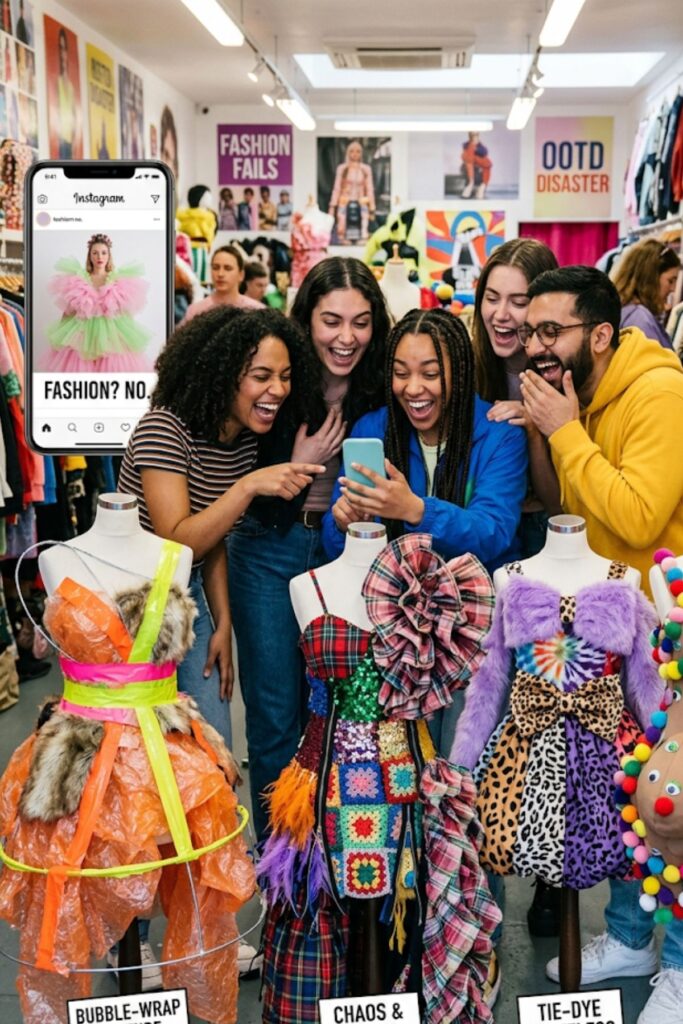 people reacting to ugly dress fashion fails online with bizarre clothing designs strange fabrics and hilarious outfit disasters shared on social media groups