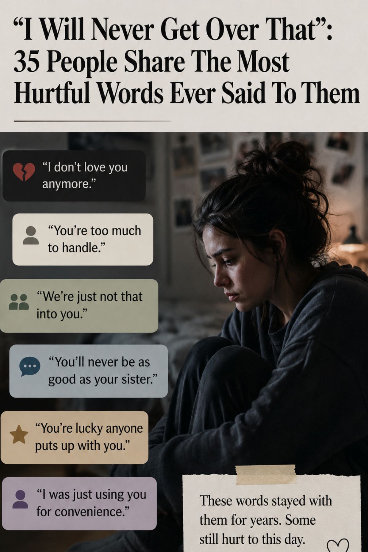 emotional person sitting alone reflecting on painful memories and hurtful words shared in heartbreaking personal stories about emotional trauma