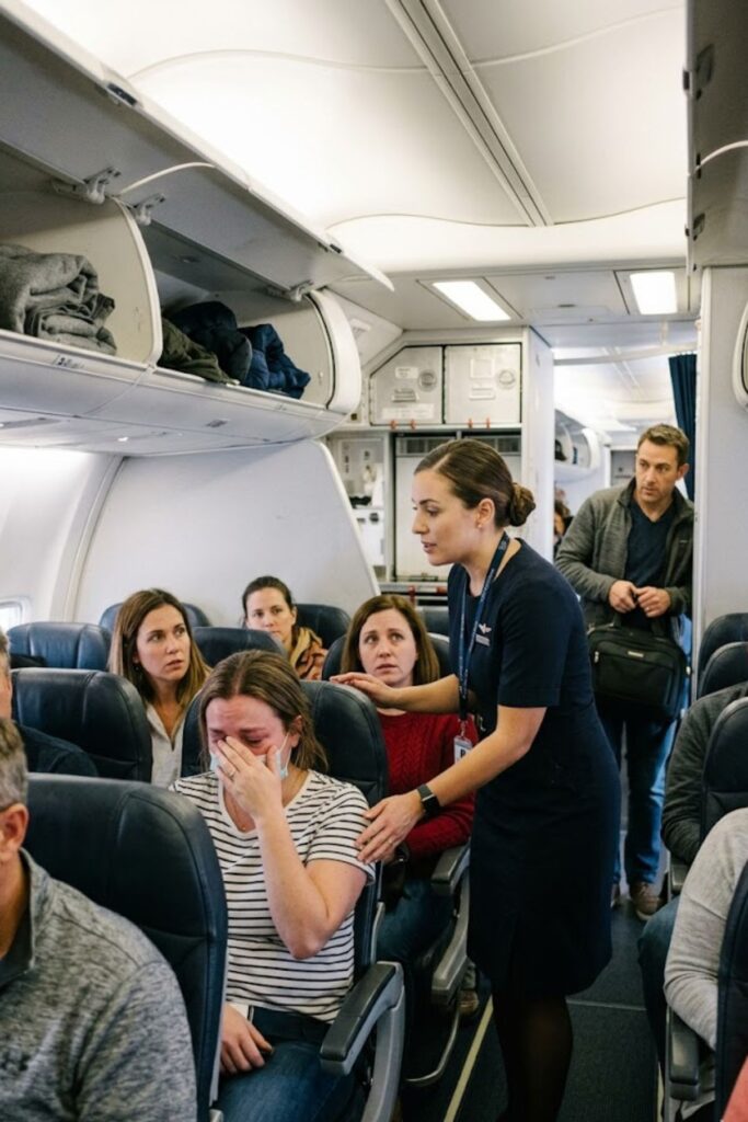 Flight attendant assisting an upset airline passenger during a tense boarding incident on a commercial flight.