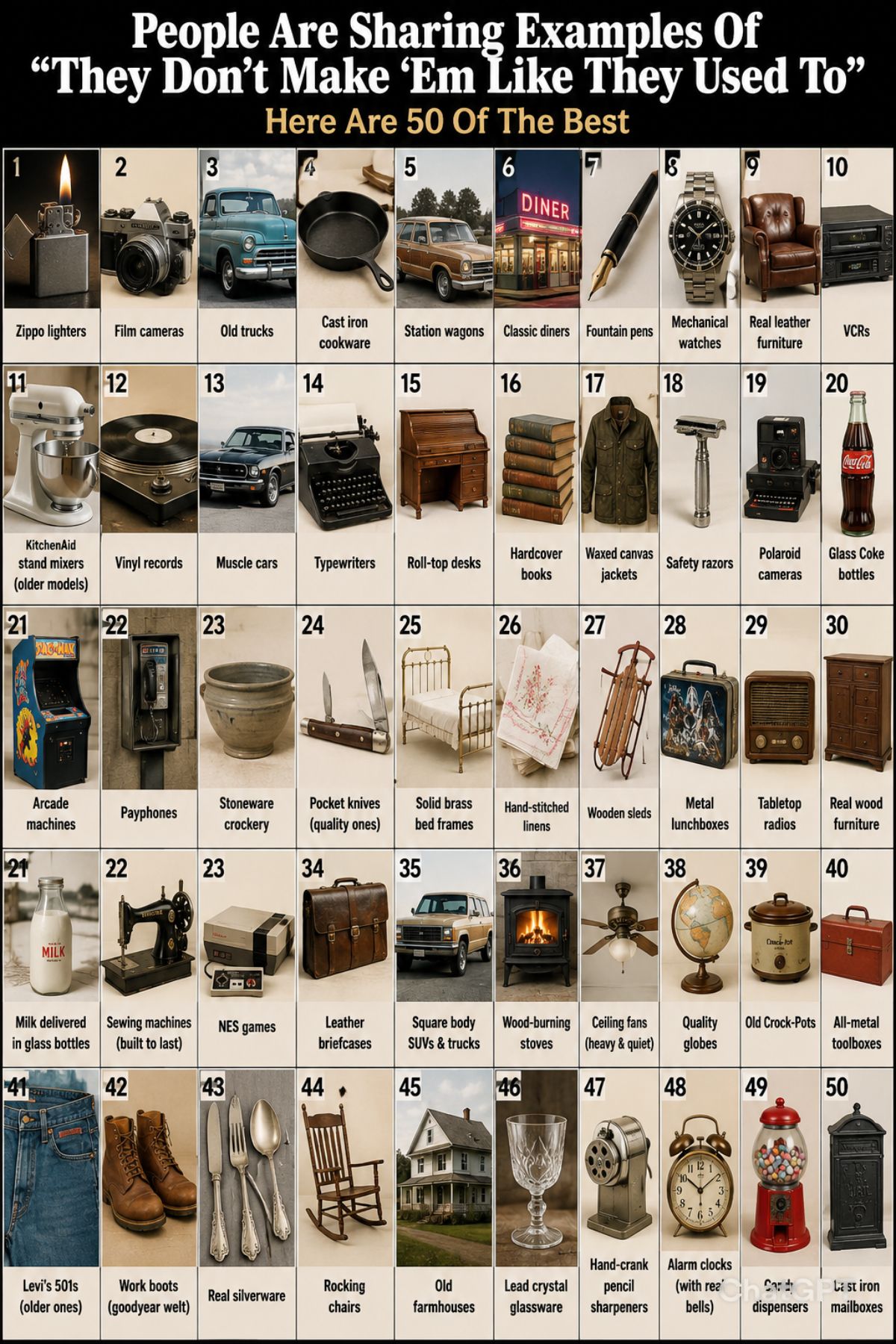 Vintage household appliances and tools still working decades later, highlighting durable products from the past compared to modern disposable items.